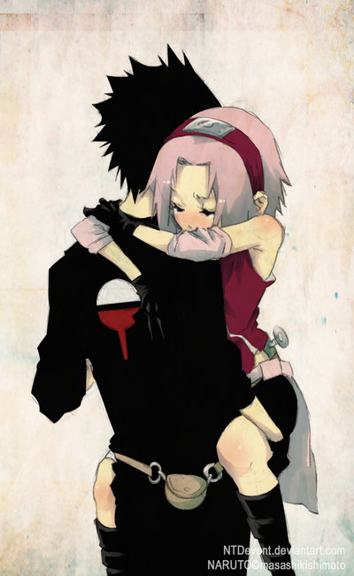 blush, couple, deviantart, forehead_protector, haruno_sakura, hug, naruto_(classic), naruto_(series)