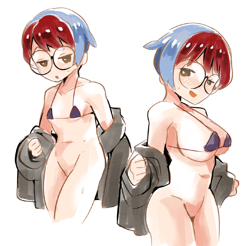1girl, :d, :o, alternate_breast_size, bare_shoulders, bikini, bikini_top_only, blue_hair, bottomless, breasts, brown_eyes, closed_mouth, collarbone, grey_jacket, highres, jacket, large_breasts, light_blue_hair, long_sleeves, multicolored_hair, multiple_girls, navel, nintendo, no_pussy, open_clothes, open_jacket, open_mouth, penny_(pokemon), pokemon, pokemon_scarlet_and_violet, purple_bikini, red_hair, robojanai, round_eyewear, short_hair, sideboob, simple_background, small_breasts, smile, swimsuit, thighs, two-tone_hair, underboob, very_short_hair, white_background