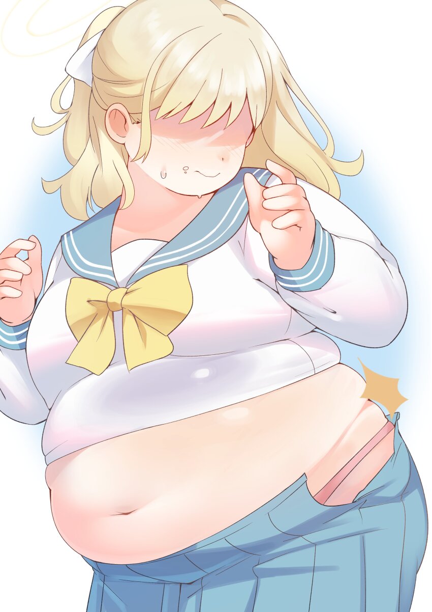 1girl, absurdres, bifizu's_gold, big_belly, blonde_hair, blue_archive, blue_background, blue_sailor_collar