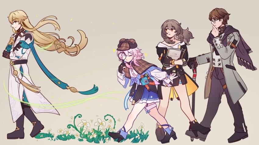 2boys, 2girls, archery_shooting_glove, blonde_hair, blue_eyes, blue_nails, book, brown_eyes