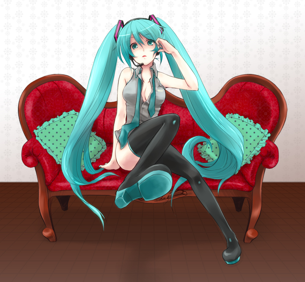 1girl, aqua_eyes, aqua_hair, bad_id, bad_pixiv_id, couch, female_focus, hatsune_miku, headphones, headset, legs, long_hair, miki_meteor, mikki_(artist), necktie, no_pants, red_upholstery, sitting, solo, thighhighs, twintails, very_long_hair, vocaloid