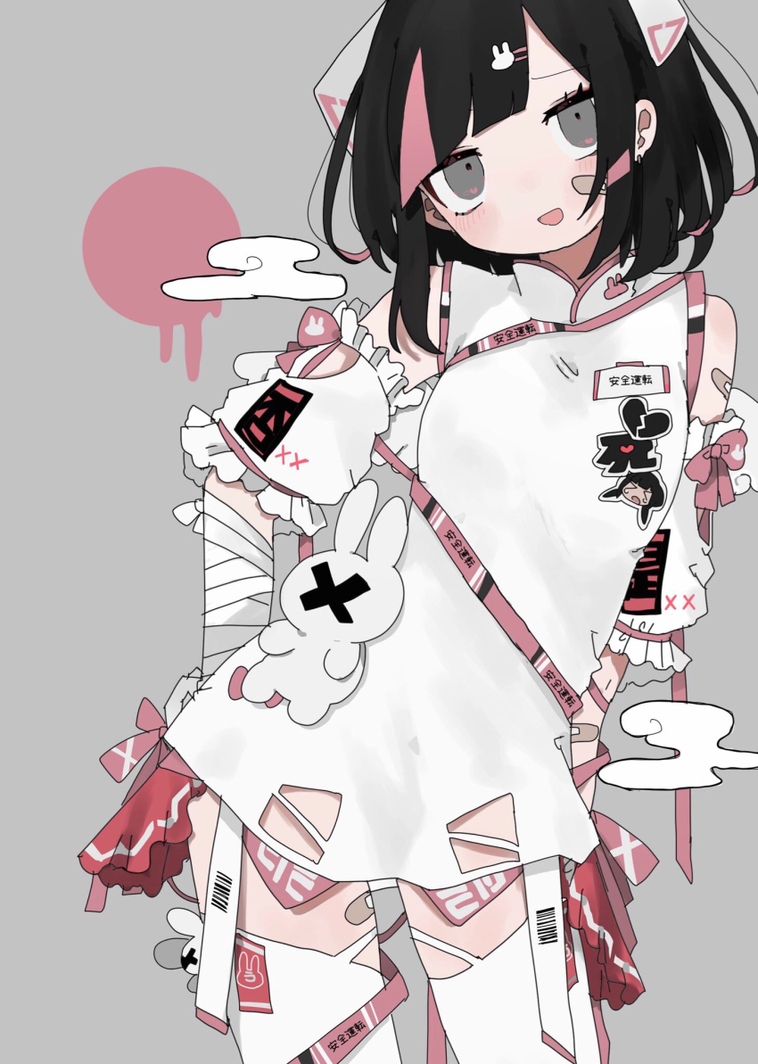 1girl, bandaged_arm, bandages, bandaid, bandaid_on_arm, bandaid_on_cheek, bandaid_on_face, bandaid_on_thigh, black_hair, blunt_bangs, blush, character_sticker, china_dress, chinese_clothes, circle, commentary_request, contrapposto, detached_sleeves, dress, earrings, egasumi, furrowed_brow, grey_background, grey_eyes, hair_ornament, half-closed_eyes, hand_on_own_hip, head_tilt, highres, jewelry, leaning_to_the_side, looking_at_viewer, mandarin_collar, medium_hair, microdress, multicolored_hair, nukunuku_nigirimeshi, open_mouth, original, osage_(nukunuku_nigirimeshi), panties, pink_hair, puffy_short_sleeves, puffy_sleeves, raised_eyebrows, short_sleeves, sidelocks, sleeveless, sleeveless_dress, smile, smug, solo, sticker, streaked_hair, stuffed_animal, stuffed_rabbit, stuffed_toy, thighhighs, translation_request, underwear, white_dress, white_panties, white_thighhighs