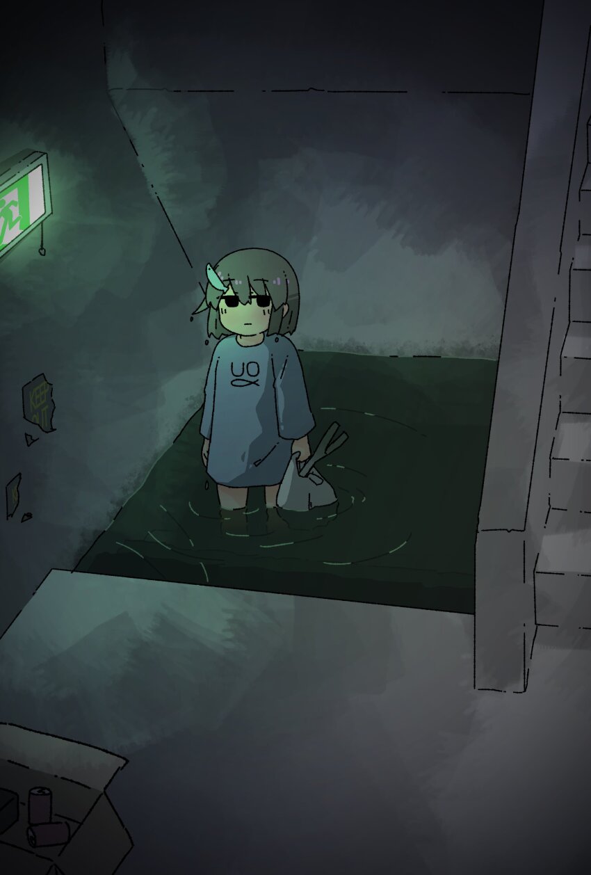 1girl, absurdres, arms_at_sides, bag, black_eyes, blue_shirt, box, cardboard_box