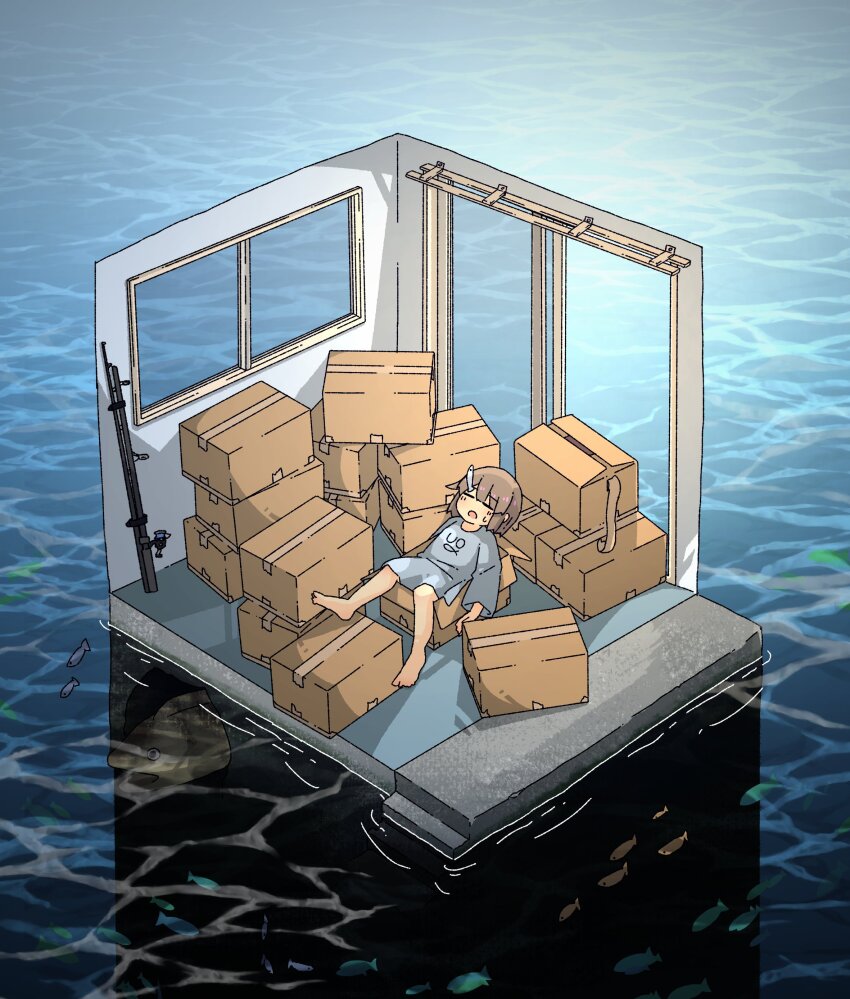 1girl, absurdres, animal, barefoot, blue_shirt, blush, box, brown_hair, cardboard_box, caustics, closed_eyes, commentary, day, fish, fish_hair_ornament, fishing_rod, from_above, glass_door, hair_ornament, highres, in_box, in_container, isometric, kani_aji, kani_aji-chan, long_sleeves, moray_eel, ocean, open_door, open_mouth, original, outdoors, oversized_animal, oversized_clothes, oversized_shirt, print_shirt, reclining, ripples, school_of_fish, shirt, short_hair, solo, surreal, sweatdrop, too_many, wide_shot, window