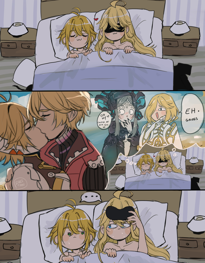 ..., :3, absurdres, aftersex, aged_up, ahoge, blonde_hair, blue_eyes, cyborg, dadeltan, eye_mask, fiora_(xenoblade), flashback, heart, highres, husband_and_wife, kiss, long_hair, mask, mecha-fiora, meyneth_(xenoblade), monolith_soft, parody, shared_thought_bubble, short_hair, shulk_(xenoblade), sidelocks, speech_bubble, sweatdrop, thought_bubble, under_covers, vest, xeno_(series), xenoblade_chronicles_(series), xenoblade_chronicles_1, xenoblade_chronicles_3, xenoblade_chronicles_3:_future_redeemed, zanza_(xenoblade)