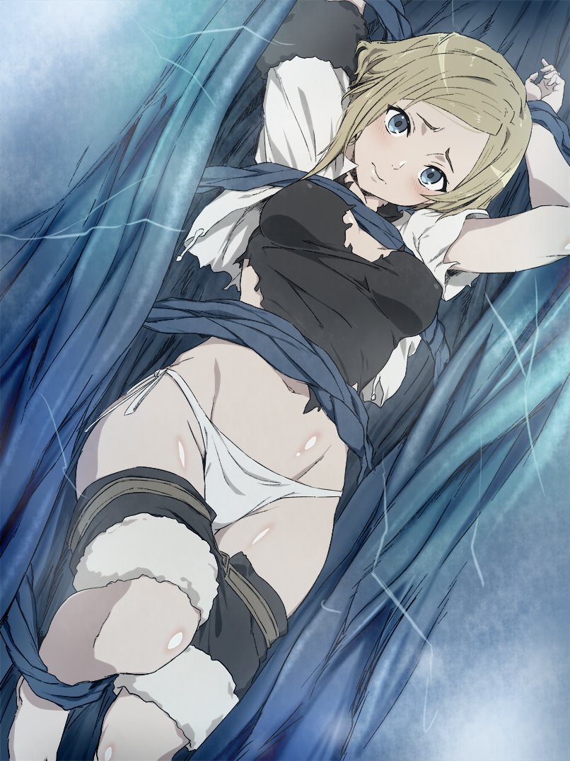1girl, arms_up, black_shirt, black_shorts, blonde_hair, blue_eyes, breasts, closed_mouth, commentary_request, feet_out_of_frame, female_focus, looking_at_viewer, medium_breasts, medium_hair, mushoku_tensei, panties, restrained, sara_(mushoku_tensei), shirt, shorts, side-tie_panties, solo, stationary_restraints, takahan, torn_clothes, torn_shirt, underwear, white_panties