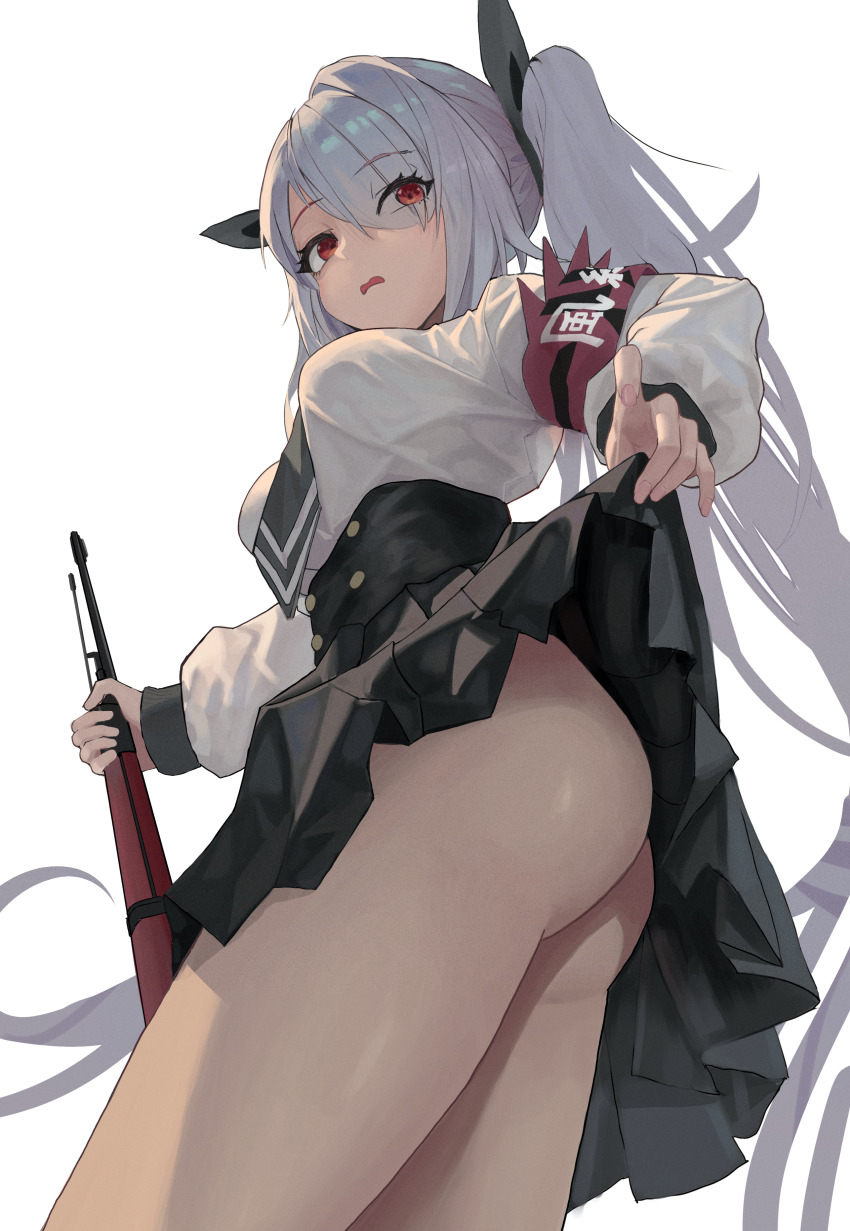 0dd, 1girl, absurdres, ass, black_skirt, blue_archive, blush, breasts, clothes_lift, commentary_request, cowboy_shot, dark-skinned_female, dark_skin, from_below, grey_hair, hair_between_eyes, hair_over_one_eye, hair_ribbon, highres, holding, holding_weapon, iori_(blue_archive), large_breasts, lifting_own_clothes, long_hair, long_sleeves, looking_at_viewer, medium_breasts, necktie, no_panties, open_mouth, red_eyes, ribbon, school_uniform, shirt, simple_background, skirt, skirt_lift, solo, standing, thighs, twintails, very_long_hair, weapon, white_background, white_shirt