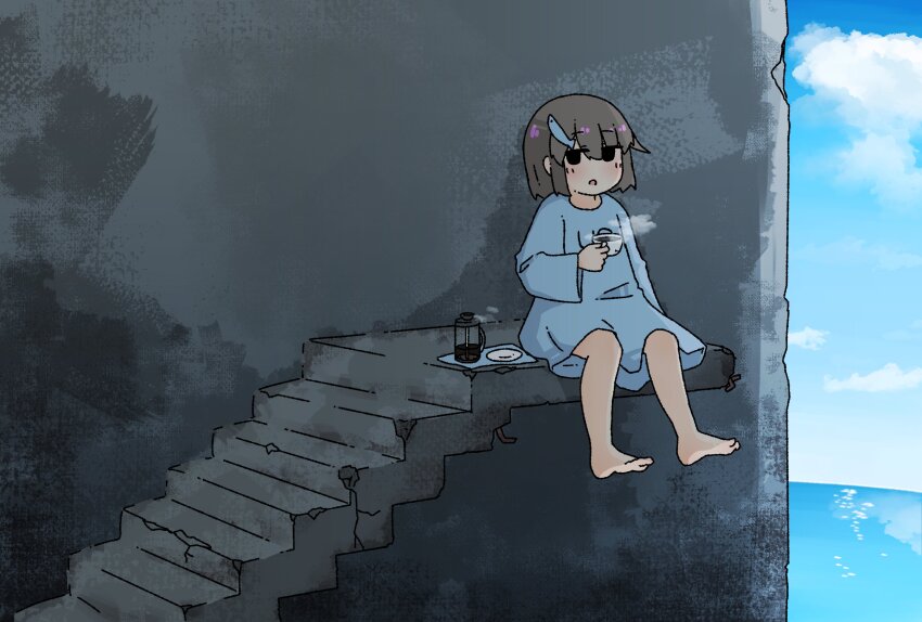 1girl, absurdres, barefoot, black_eyes, blue_shirt, blue_sky, blush, brown_hair