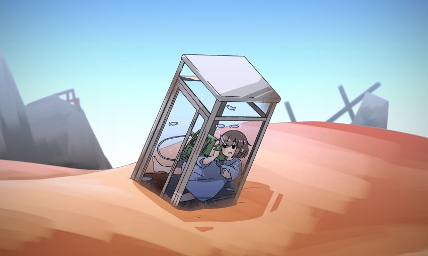 1girl, against_glass, air_bubble, barefoot, black_eyes, blue_shirt, blue_sky, blush