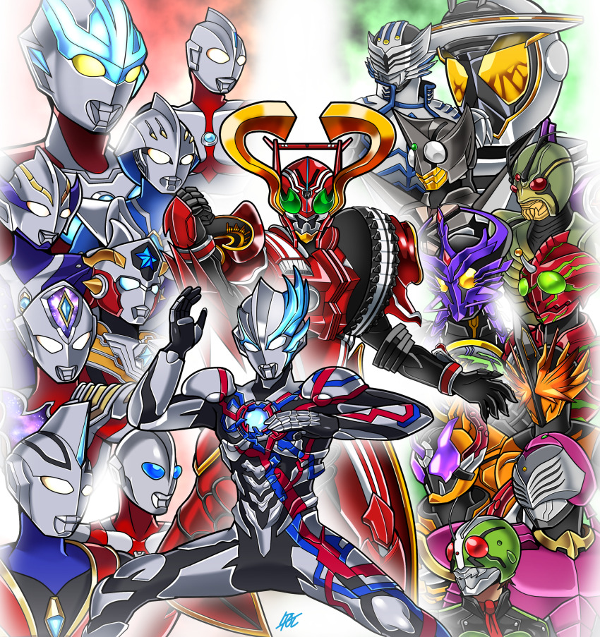 6+boys, alien, blue_eyes, crossover, heart_(kamen_rider_drive), highres, kamen_rider, kamen_rider_amazons