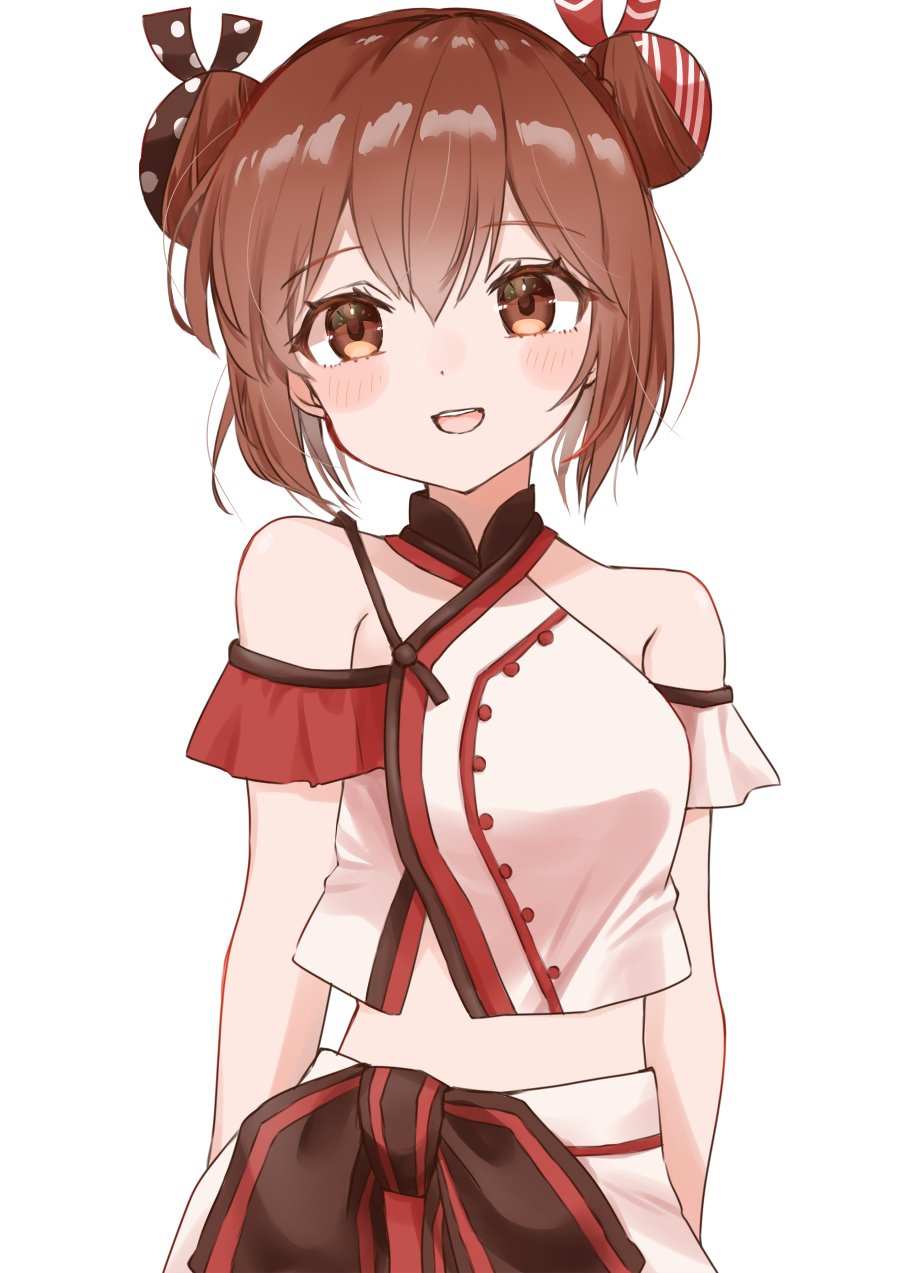 1girl, blush, brown_eyes, brown_hair, cocoperino, double_bun, hair_between_eyes, hair_bun