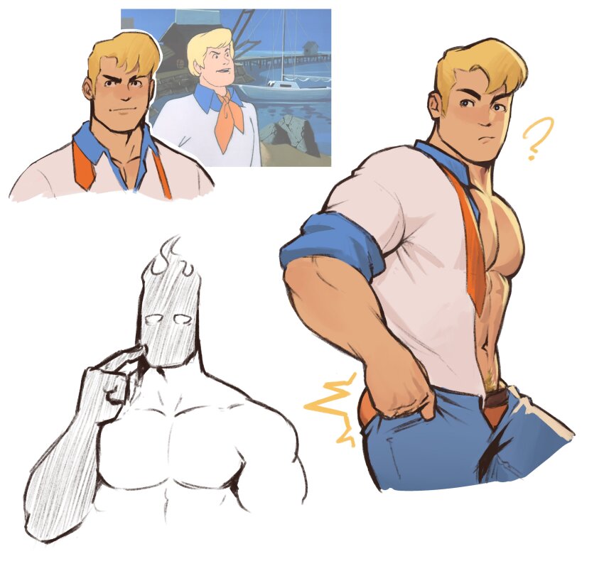 2boys, ?, absurdres, blonde_hair, blue_pants, blue_shirt, closed_mouth, fred_jones