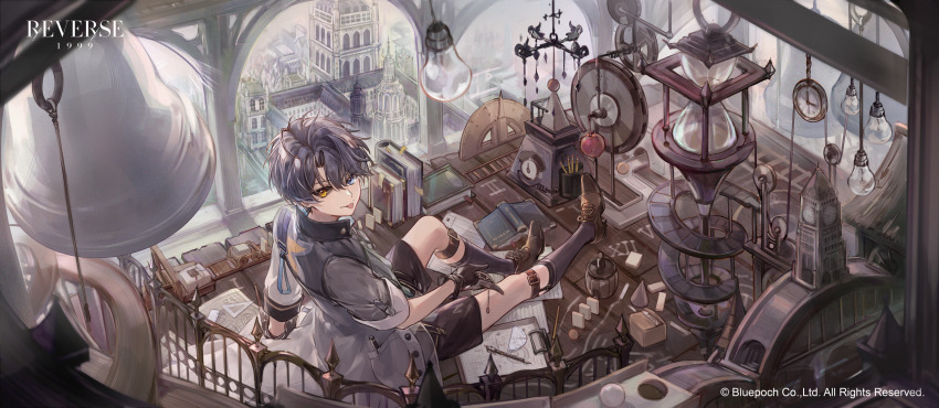 1boy, :p, arm_support, bell, black_gloves, black_sclera, black_shorts, black_socks