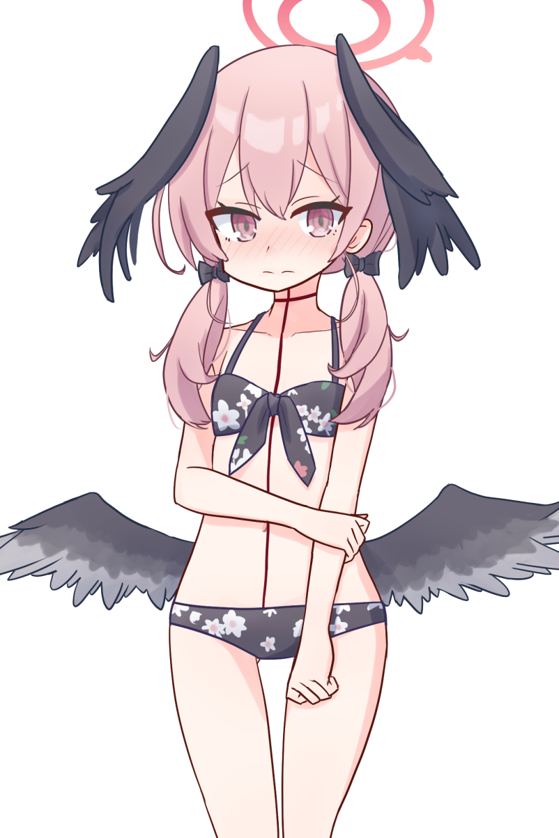 1girl, bikini, black_bikini, black_bow, black_wings, blue_archive, blush, bow