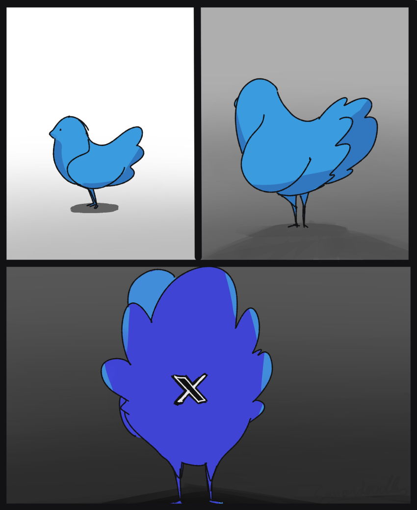 animal, animal_focus, bird, commentary, ganondoodle, gradient_background, highres, meme, no_humans, untranslatable_commentary, twitter, twitter_bird, twitter_logo, twitter_x_logo, x_anus