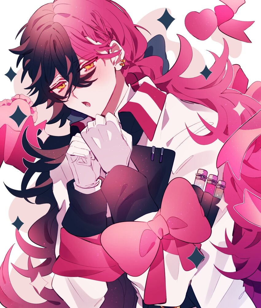 1boy, akuma_shitsuji_to_kuroi_neko, bishounen, black_hair, black_shirt, blush, bow, coat