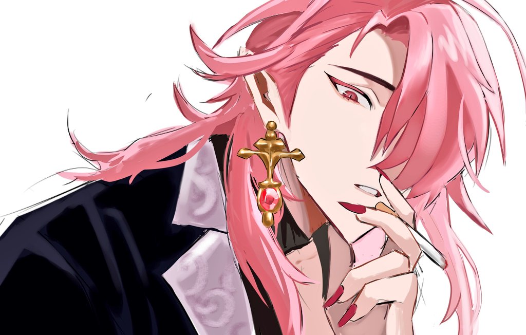 1boy, aster_(nu_carnival), aster_(scarlet_finesse)_(nu_carnival), bishounen, black_shirt, black_suit, cigarette, collared_shirt