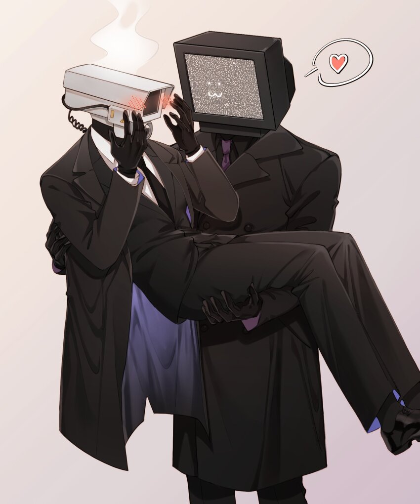 2boys, :3, black_coat, black_footwear, black_gloves, black_necktie, black_pants, black_shirt, black_vest, blush, camera_man_(skibidi_toilet), carrying, carrying_person, coat, collared_shirt, commentary, dress_shirt, english_commentary, feet_out_of_frame, gloves, goatzzz, heart, highres, layered_sleeves, long_sleeves, multiple_boys, necktie, object_head, pants, princess_carry, purple_necktie, shirt, shoes, simple_background, skibidi_toilet_(series), speech_bubble, spoken_heart, steam, tv_man_(skibidi_toilet), vest, waistcoat, white_shirt, wide_sleeves, yaoi