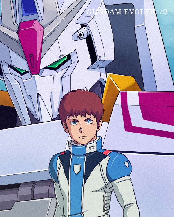 amuro_ray, blue_eyes, brown_hair, copyright_name, gundam, gundam_evolve, male_focus, mecha