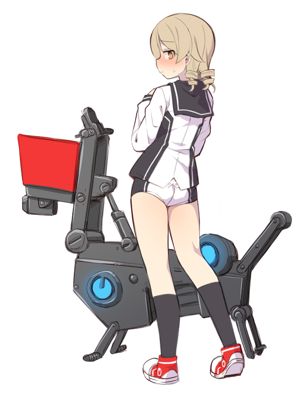 1girl, ass, black_sailor_collar, black_socks, blush, brown_eyes, brown_hair, cosplay