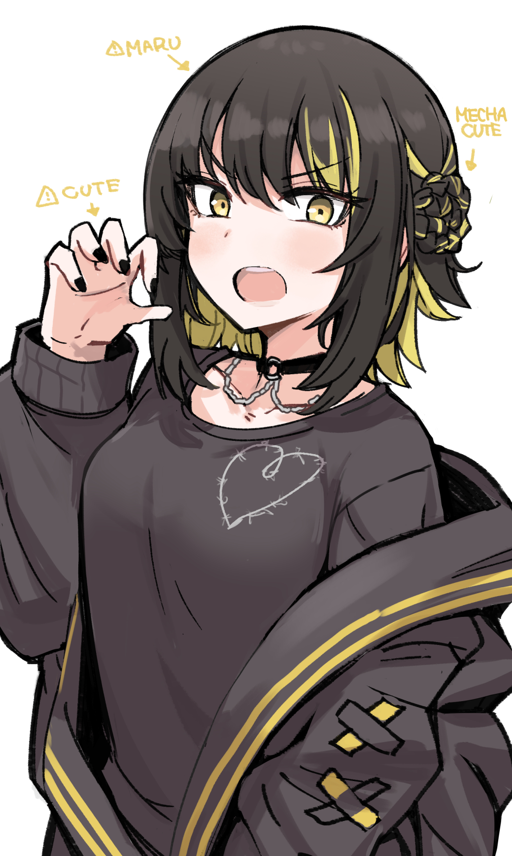 !, 1girl, arrow_(symbol), black_choker, black_hair, black_jacket, black_nails, black_shirt