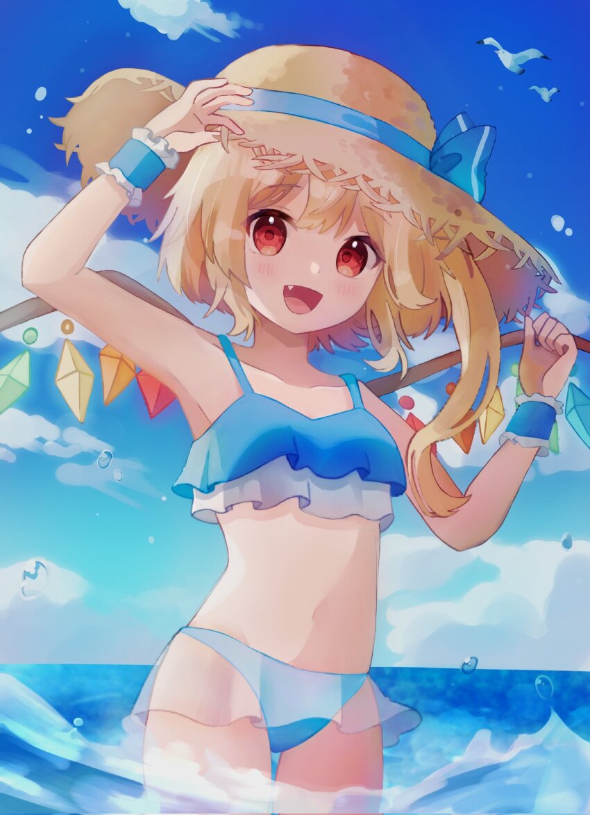 1girl, :d, bikini, bird, blonde_hair, blue_bikini, blue_sky, cloud, commentary, day, fang, flandre_scarlet, frilled_bikini, frills, hat, highres, looking_at_viewer, navel, nene_man, ocean, open_mouth, outdoors, red_eyes, seagull, sky, smile, solo, straw_hat, swimsuit, touhou, wading, water, water_drop, wings, wrist_cuffs