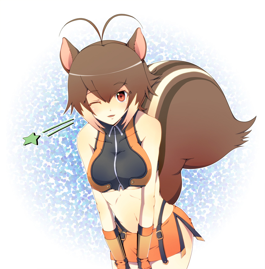 1girl, ahoge, animal_ears, arc_system_works, blazblue, blazblue:_continuum_shift, brown_eyes, brown_hair, female_focus, gloves, makoto_nanaya, midriff, one_eye_closed, orange_skirt, sano_usagi, skirt, smile, solo, squirrel_ears, squirrel_tail, tail, wink