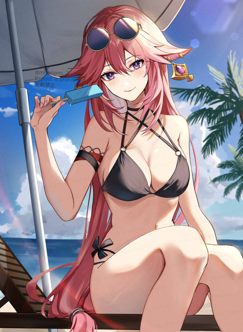 1girl, animal_ears, arm_strap, bare_shoulders, beach_umbrella, bikini, black_bikini, blue_sky