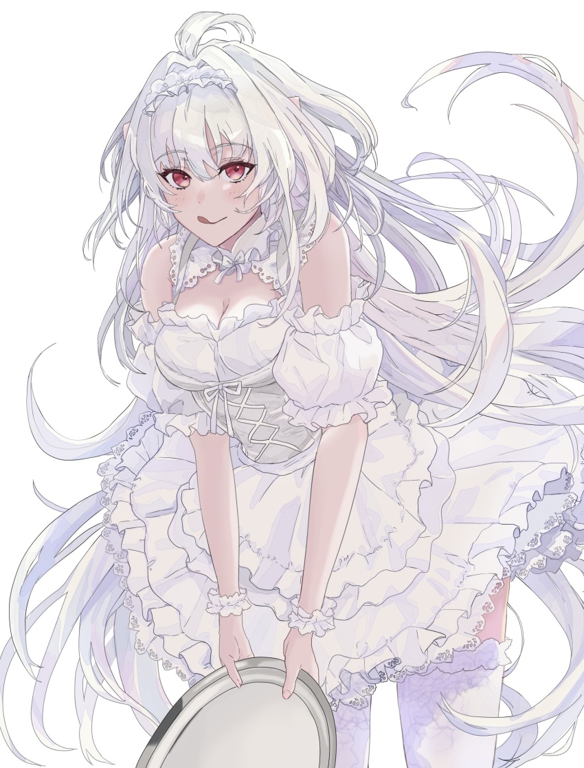 1girl, absurdres, ahoge, bare_shoulders, blush, breasts, cleavage, cleavage_cutout