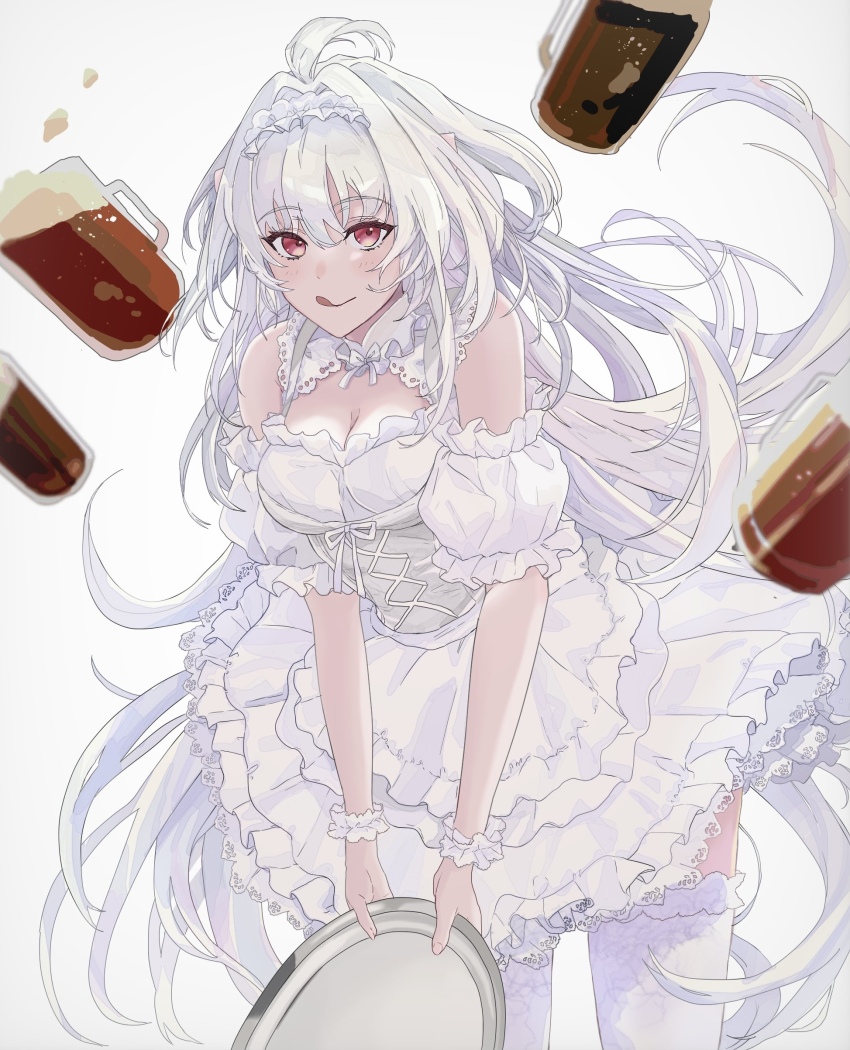 1girl, absurdres, ahoge, alcohol, bare_shoulders, beer, beer_mug, blush, breasts, cleavage, cleavage_cutout, clothing_cutout, corset, cup, dirndl, dress, fate/grand_order, fate_(series), frilled_hairband, frills, german_clothes, hairband, highres, leaning_forward, licking_lips, long_hair, looking_at_viewer, medium_breasts, merlin_(fate/prototype), mug, pakameso_paso, pointy_ears, red_eyes, scrunchie, smile, solo, thighhighs, thighs, tongue, tongue_out, tray, very_long_hair, white_dress, white_hair, white_thighhighs, wrist_scrunchie