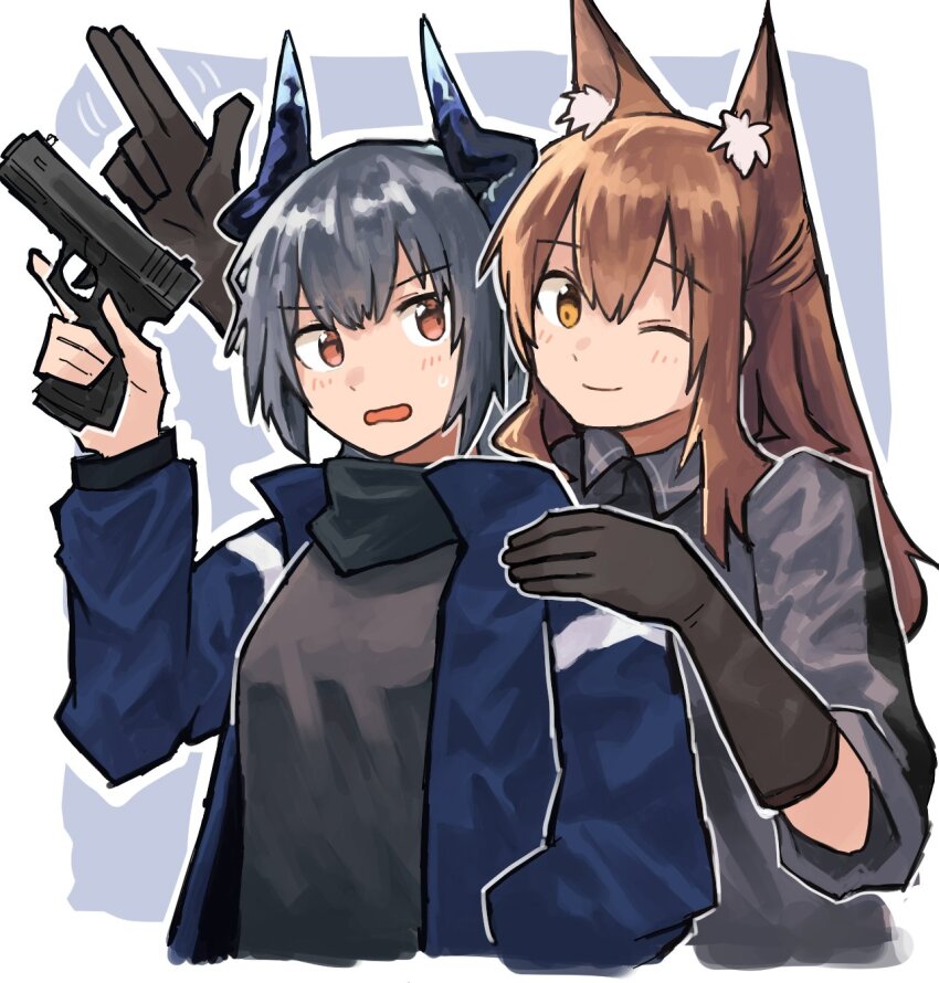 2girls, animal_ear_fluff, animal_ears, arknights, black_gloves, black_jacket, blush, border