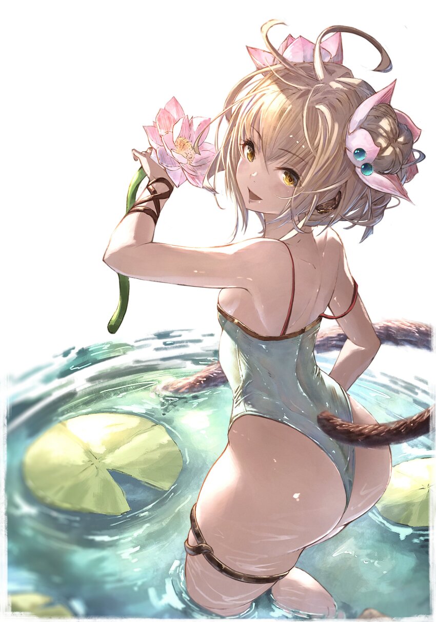1girl, absurdres, andira_(granblue_fantasy), andira_(summer)_(granblue_fantasy), animal_ears, aqua_one-piece_swimsuit, ass, blonde_hair