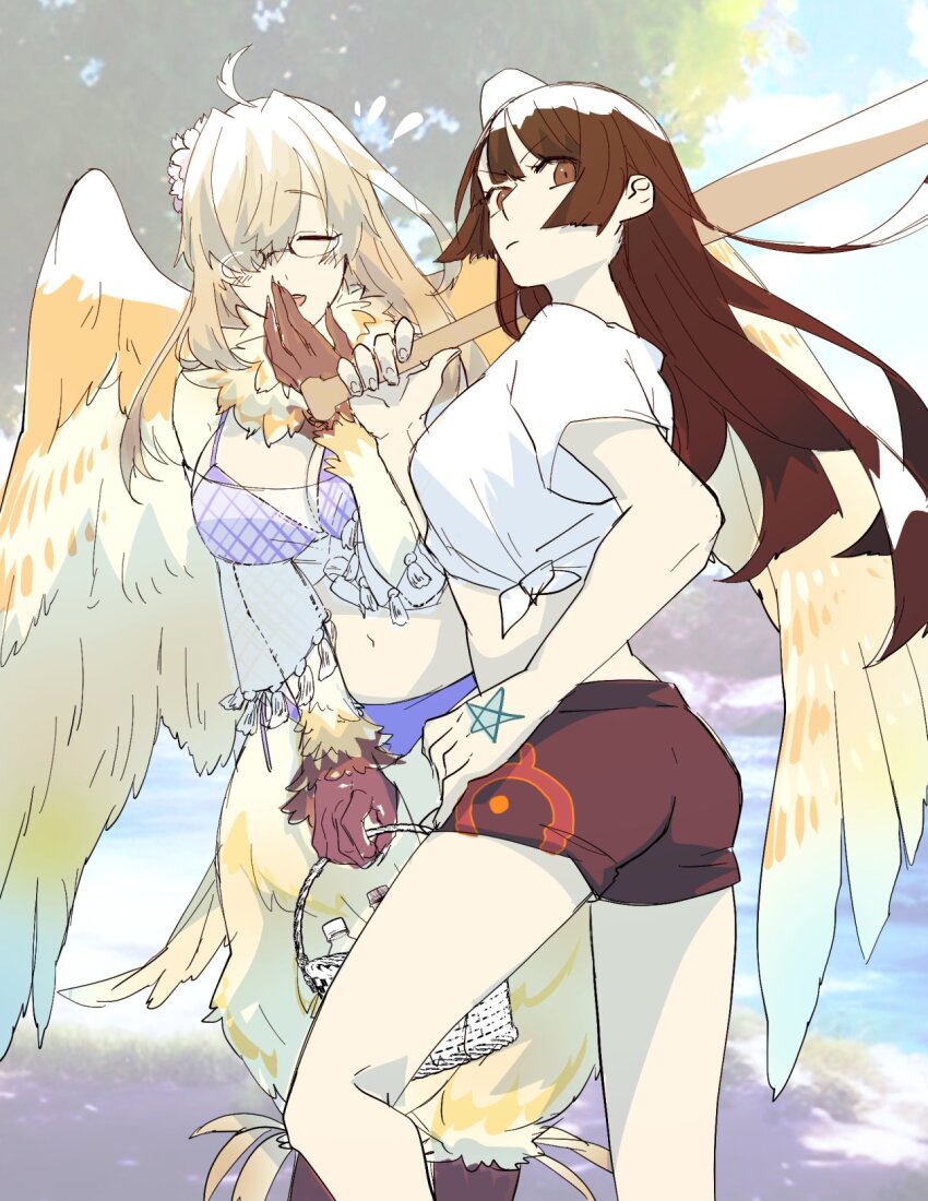 2girls, ahoge, animal_hands, baseball_bat, basket, bikini, bird_legs, black_shorts, bone_color919, breasts, brown_eyes, brown_hair, brown_shorts, cloud, commentary_request, feathered_wings, feathers, glasses, hair_over_one_eye, hand_on_own_hip, harpy, highres, holding, holding_baseball_bat, holding_basket, large_breasts, long_hair, midriff, monster_girl, multiple_girls, navel, neck_fur, one_eye_covered, open_mouth, protagonist_2_(housamo), purple_bikini, shirt, shorts, star_(symbol), star_tattoo, swimsuit, tattoo, tokyo_houkago_summoners, white_feathers, white_shirt, wings, ziz_(housamo)
