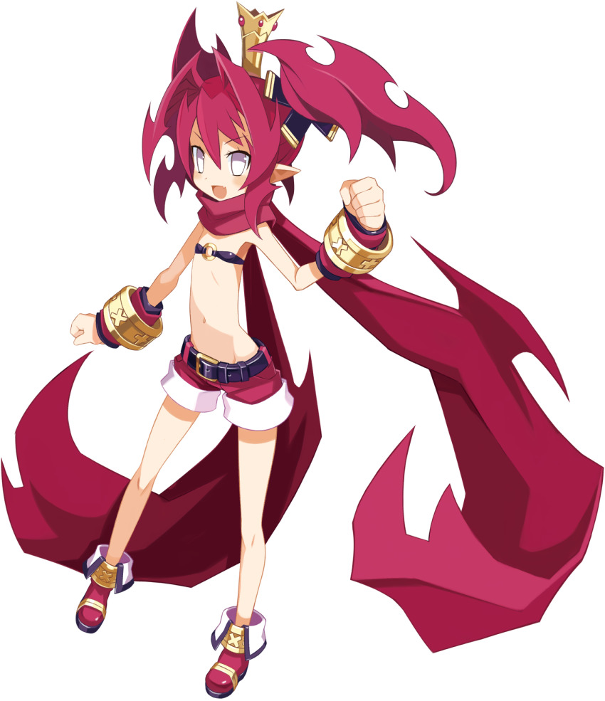 1girl, belt, bracelet, clenched_hands, cosplay, crown, disgaea, disgaea_rpg, fang, flat_chest, full_body, hair_intakes, harada_takehito, highres, jewelry, laharl, laharl_(cosplay), long_hair, navel, no_pupils, non-web_source, o-ring, o-ring_top, official_art, open_mouth, petta_(phantom_kingdom), photoshop_(medium), pointy_ears, red_hair, red_scarf, scarf, shorts, solo, transparent_background, twintails, white_eyes