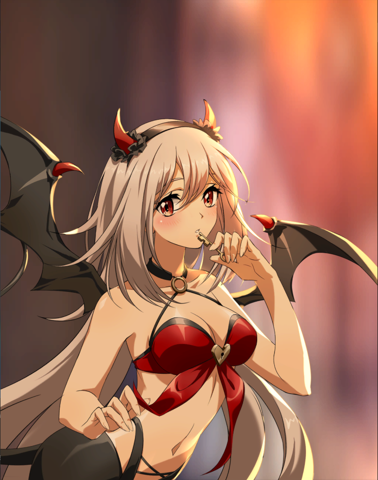 1girl, blush, brown_eyes, confession, demon_horns, fake_horns, grey_hair, hair_ornament