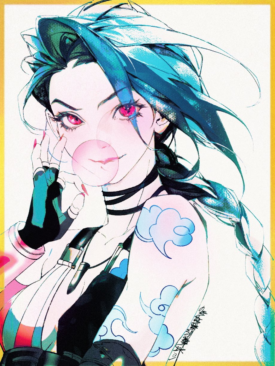 1girl, arm_tattoo, artist_name, asymmetrical_bangs, black_gloves, blue_hair, border, braid, breasts, chewing_gum, crop_top, cropped_torso, fingerless_gloves, gloves, hair_over_one_eye, hand_up, highres, jian_tai_(cuoyu0), jinx_(league_of_legends), league_of_legends, light_blush, long_hair, looking_at_viewer, medium_breasts, nail_polish, ok_sign, pale_skin, pink_eyes, pink_nails, shoulder_tattoo, signature, simple_background, smile, solo, tattoo, twin_braids, upper_body, white_background, yellow_border
