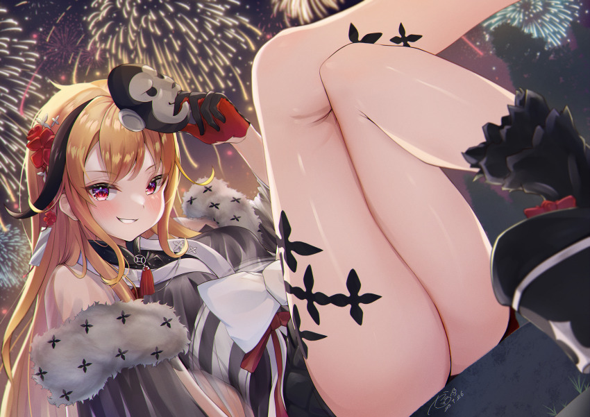 1girl, absurdres, bare_legs, black_hair, blonde_hair, detached_sleeves, fireworks, flower