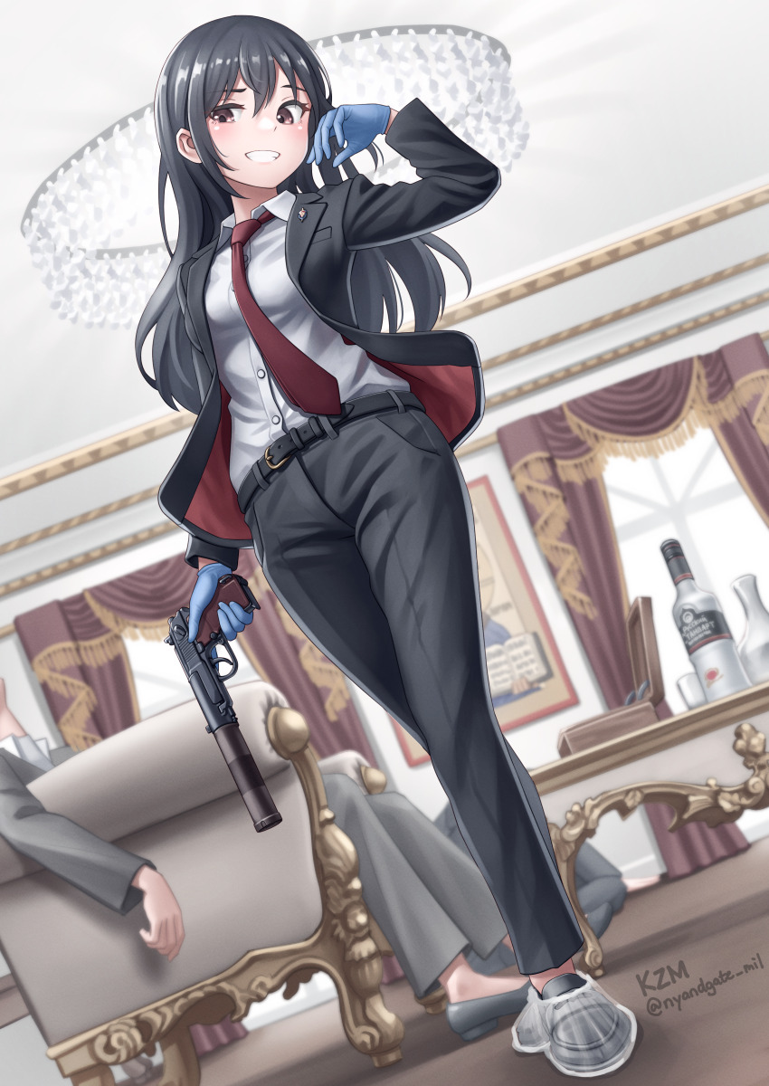 1girl, 2boys, absurdres, alcohol, black_hair, black_jacket, black_pants, blue_gloves