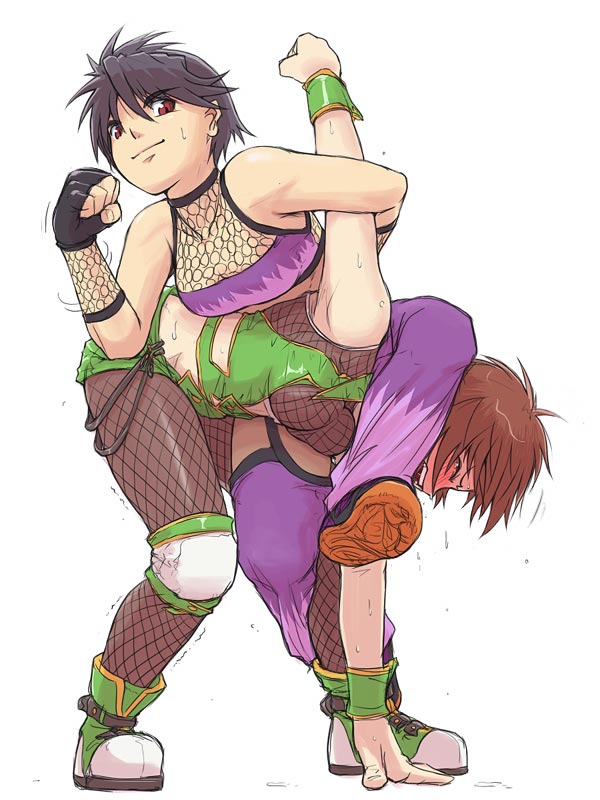 2girls, armlock, blade_uehara, blush, brown_hair, fishnet_pantyhose, fishnets, halterneck, multiple_girls, octopus_hold, pain, pants, pantyhose, papa_(shimeguru), shoes, short_hair, submission_hold, wrestle_angels, wrestle_angels_survivor, wrestling, yoshihara_mimi