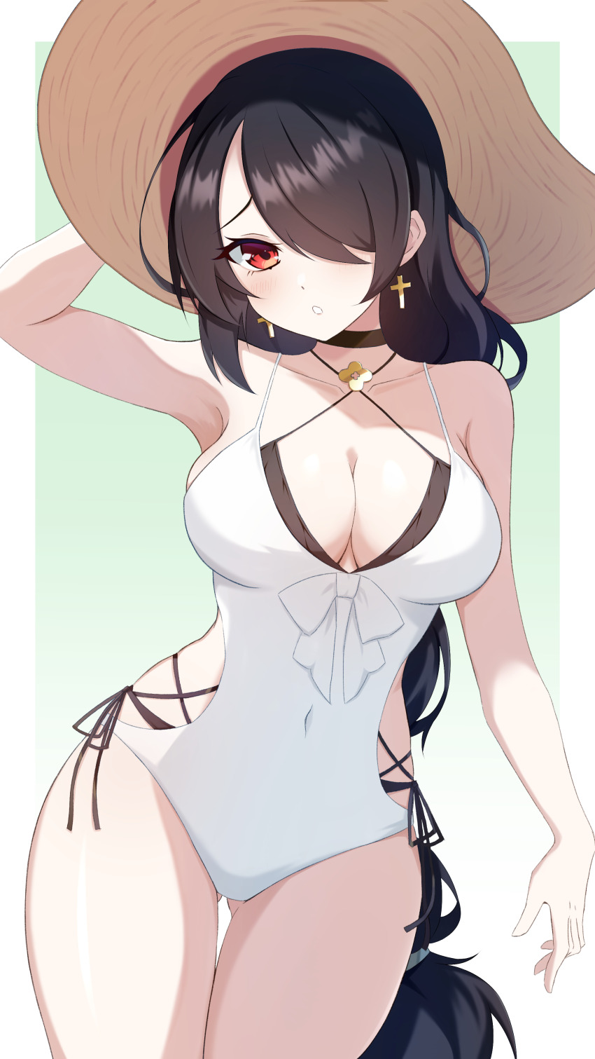 1girl, absurdres, black_hair, blue_archive, breasts, commentary, covered_navel, cross, cross_earrings, earrings, hair_over_one_eye, hat, highres, hinata_(blue_archive), hinata_(swimsuit)_(blue_archive), jewelry, large_breasts, long_hair, low-tied_long_hair, one-piece_swimsuit, red_eyes, sandanjuu, straw_hat, swimsuit, white_one-piece_swimsuit