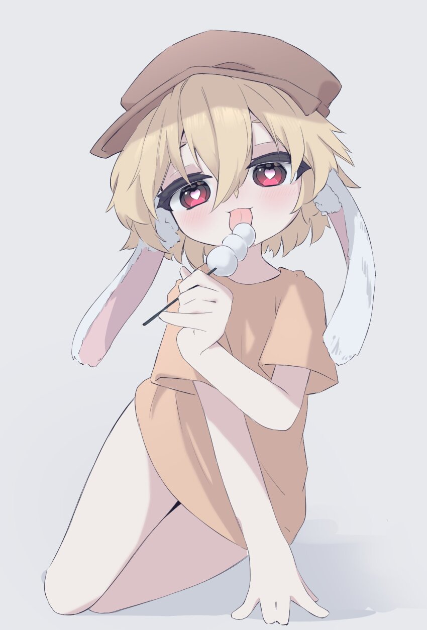 1girl, animal_ears, blonde_hair, brown_headwear, commentary_request, dango, floppy_ears, food