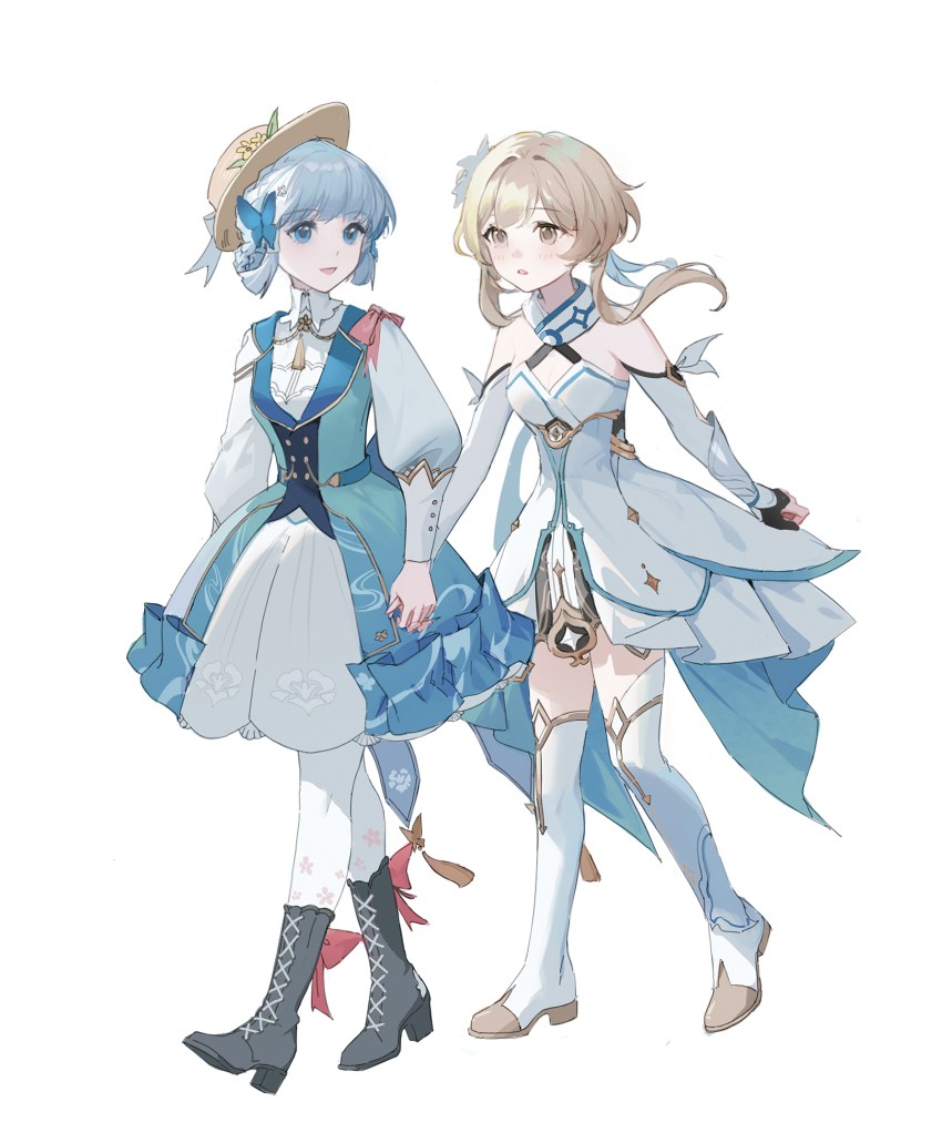 2girls, arm_armor, ayaka_(genshin_impact), bare_shoulders, black_gloves, blonde_hair, blue_bow, blue_eyes