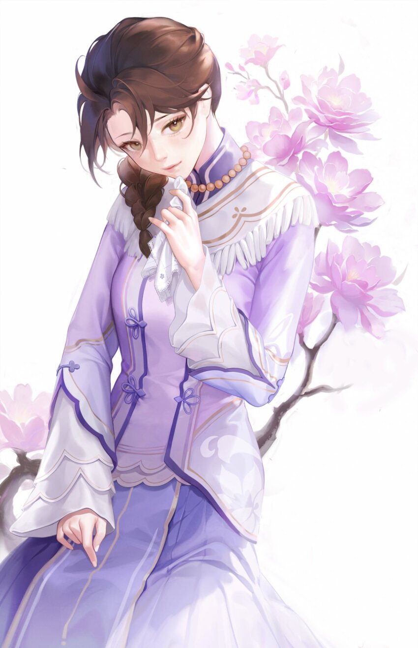 1girl, bead_necklace, beads, braid, brown_eyes, brown_hair, chinese_clothes, dress