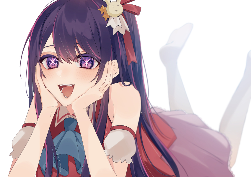 1girl, :d, arm_support, ascot, bare_shoulders, blue_ascot, dress, hair_between_eyes, hair_ornament, hands_on_own_face, head_rest, highres, hoshino_ai, long_hair, looking_at_viewer, lying, mo_fumo_fu_kitsune, multicolored_hair, on_stomach, one_side_up, open_mouth, oshi_no_ko, pink_hair, purple_eyes, purple_hair, rabbit_hair_ornament, sidelocks, simple_background, smile, solo, star_(symbol), star_in_eye, streaked_hair, symbol_in_eye, teeth, white_background