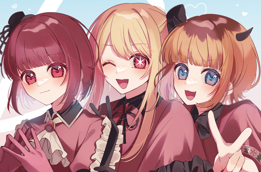 3girls, :d, ;d, arima_kana, black_gloves, black_ribbon, blonde_hair, blue_eyes