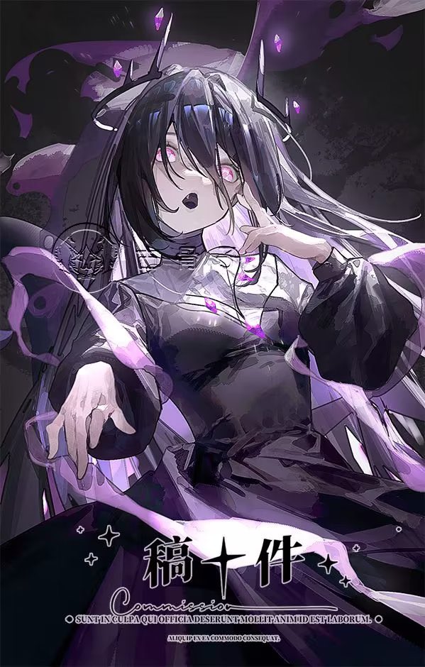 1girl, artist_name, black_dress, black_hair, black_tongue, creepy_eyes, dress, fang