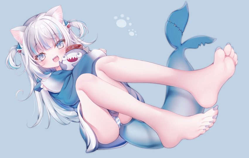 1girl, animal_costume, animal_ears, animal_hood, barefoot, bloop_(gawr_gura), blue_background, blue_eyes, blue_hair, blue_hoodie, blunt_bangs, cat_ears, feet, fins, fish_tail, fiyu, full_body, gawr_gura, gawr_gura_(1st_costume), hair_ornament, highres, holding, hololive, hololive_english, hood, hoodie, legs, long_hair, looking_at_viewer, multicolored_hair, panties, shark_costume, shark_girl, shark_hair_ornament, shark_hood, shark_print, shark_tail, sharp_teeth, sidelocks, simple_background, soles, streaked_hair, tail, teeth, toes, two_side_up, underwear, virtual_youtuber, white_hair