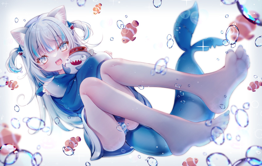 1girl, animal_costume, animal_ears, animal_hood, barefoot, bloop_(gawr_gura), blue_eyes, blue_hair, blue_hoodie, blunt_bangs, blurry, blurry_foreground, cat_ears, clownfish, coral, depth_of_field, feet, fins, fish, fish_tail, fiyu, full_body, gawr_gura, gawr_gura_(1st_costume), hair_ornament, highres, hololive, hololive_english, hood, hoodie, legs, long_hair, looking_at_viewer, multicolored_hair, panties, shark_costume, shark_girl, shark_hair_ornament, shark_hood, shark_print, shark_tail, sharp_teeth, sidelocks, soles, streaked_hair, tail, teeth, toes, tropical_fish, two_side_up, underwater, underwear, virtual_youtuber, white_hair