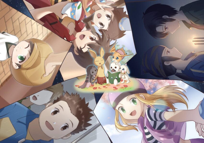 blonde_hair, bokomon, book, digimon, flower, green_eyes, hat, highres