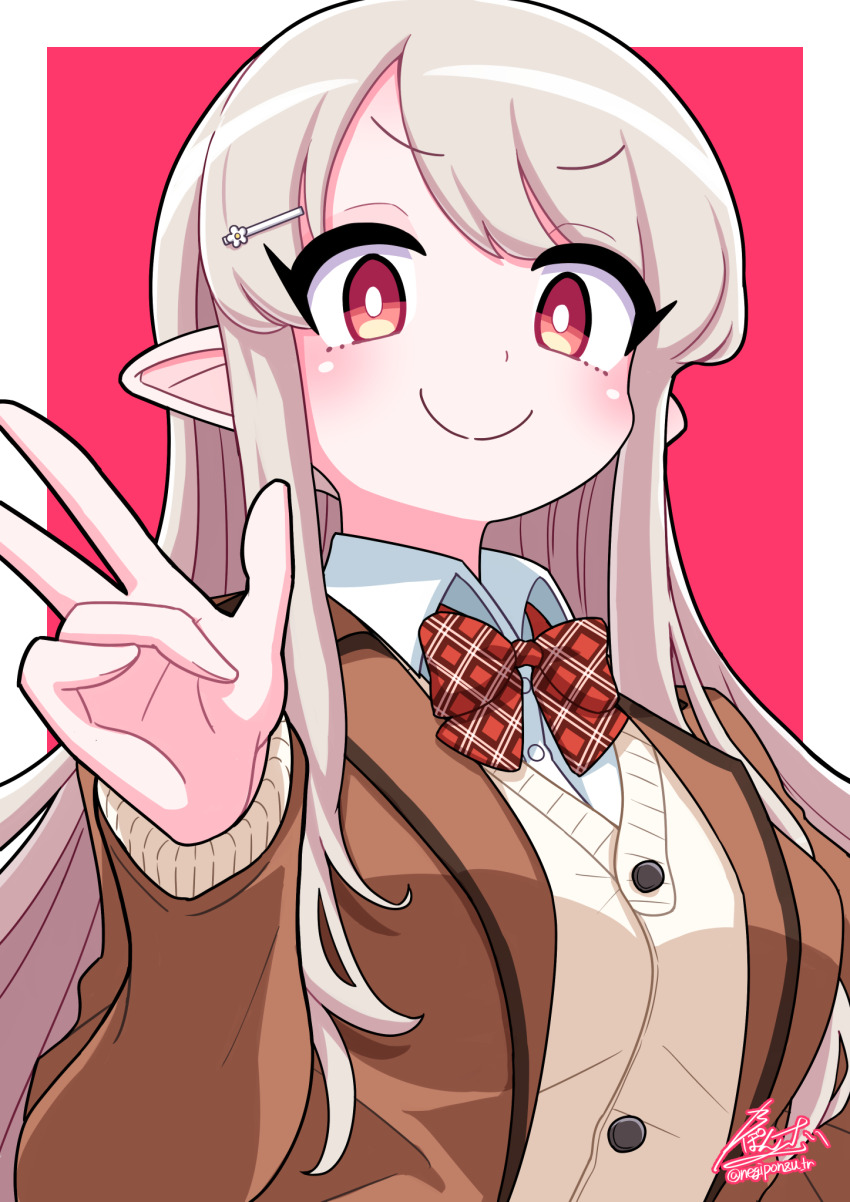 >:), 1girl, blazer, bow, bowtie, brown_jacket, closed_mouth, collared_shirt, dress_shirt, elu_(7th_costume)_(nijisanji), elu_(nijisanji), grey_hair, hair_ornament, hairclip, highres, jacket, long_hair, long_sleeves, looking_at_viewer, negiponzu, nijisanji, official_alternate_costume, open_clothes, open_jacket, plaid_bow, plaid_bowtie, plaid_clothes, red_bow, red_bowtie, red_eyes, school_uniform, shirt, sidelocks, solo, sweater, swept_bangs, upper_body, v, v-shaped_eyebrows, virtual_youtuber, white_shirt, yellow_sweater